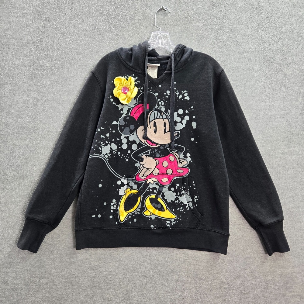 VINTAGE Disney Parks Women Sweatshirt XL Black Hoodie Minnie Mouse Splatter Y2K